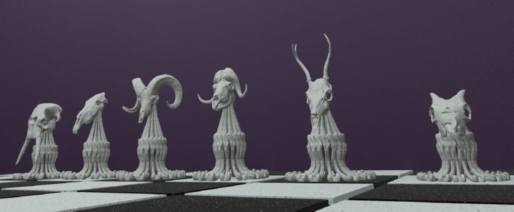 Unleash your dark side with this chess set inspired by animal skulls and bones. Each 3D-printed piece is a hauntingly beautiful work of art. STL available for download!